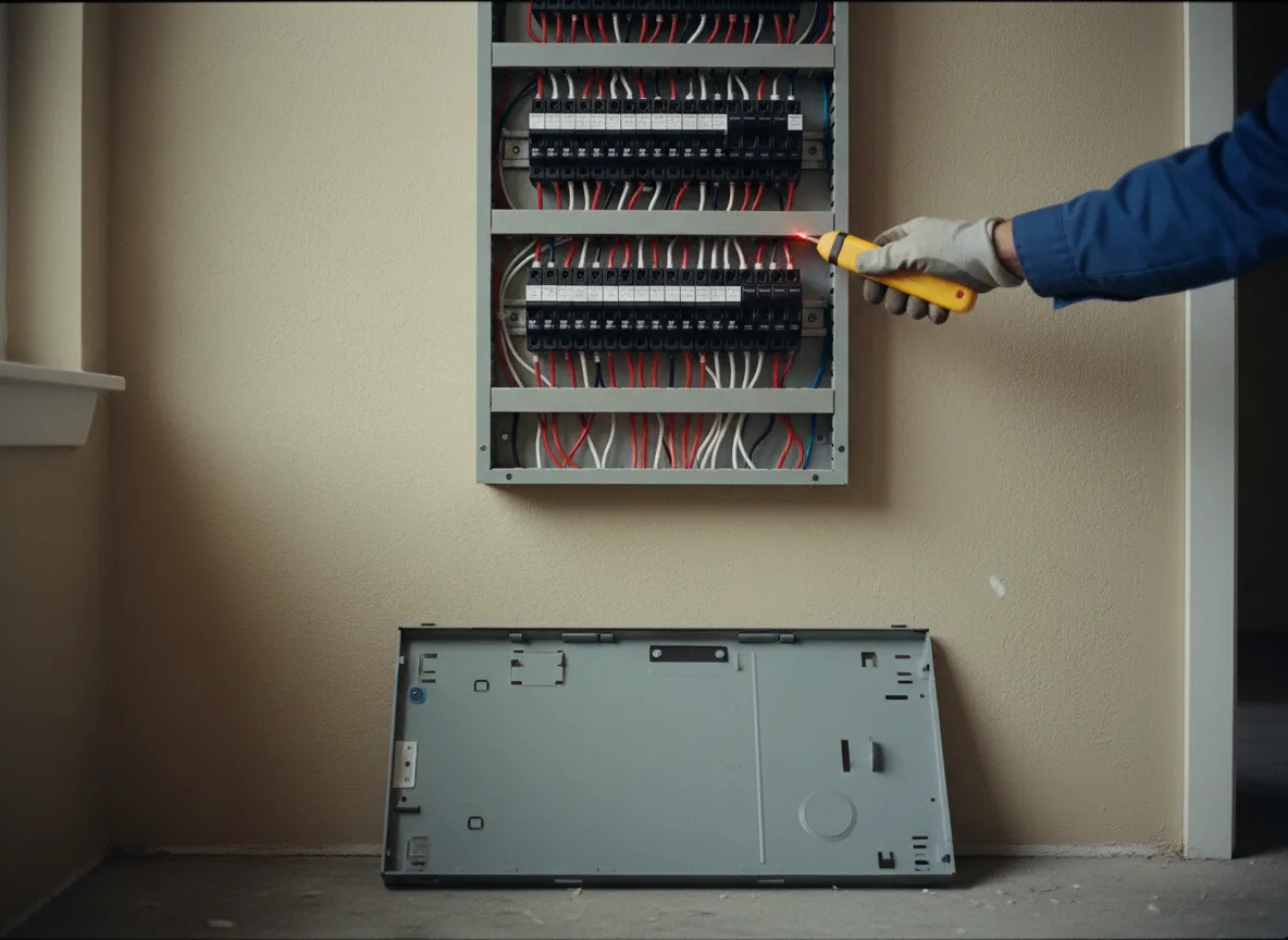 AllSet Home electrician holding a handful of breakers in the shop