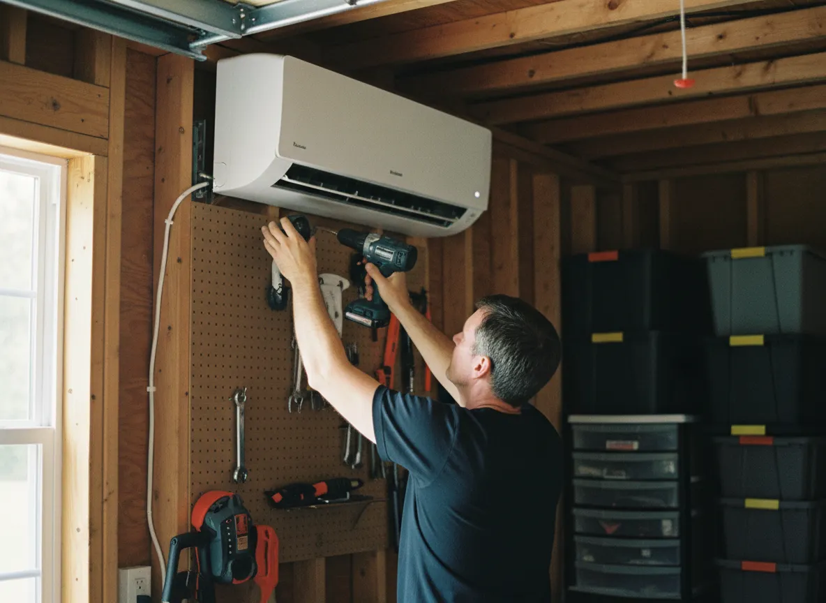 An AllSet Home technician installing a ductless mini-split unit, working carefully around a fully stocked tool wall