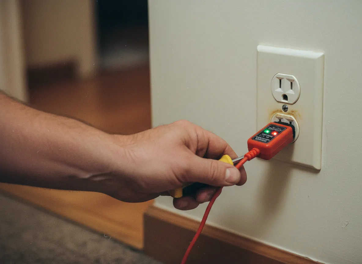 Testing an outlet with rust stains on the cover plate, a warning sign of a loose or overloaded connection